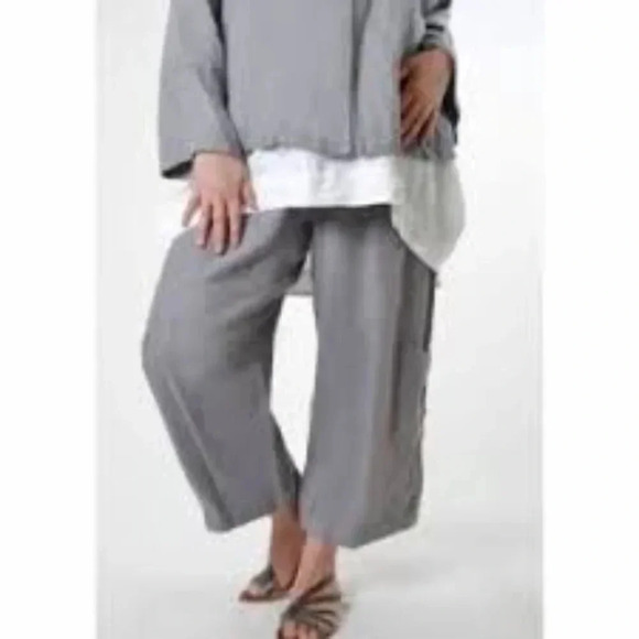 bryn Walker Pants - Bryn  Walker Grey Casbah 100% Linen Wide Leg Cropped Pants Side Cargo Pockets L